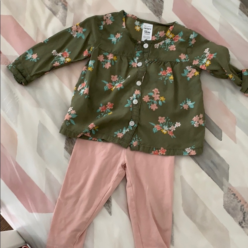 12M Green Floral Top and Pink Leggings